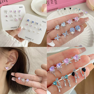 DAIIIBABYYY  -   Girls Y2K Sweet Butterfly Pink Heart Rhinestone Flower Stud Earrings Set Korean Fashion Women Bow Floral Earring Jewelry